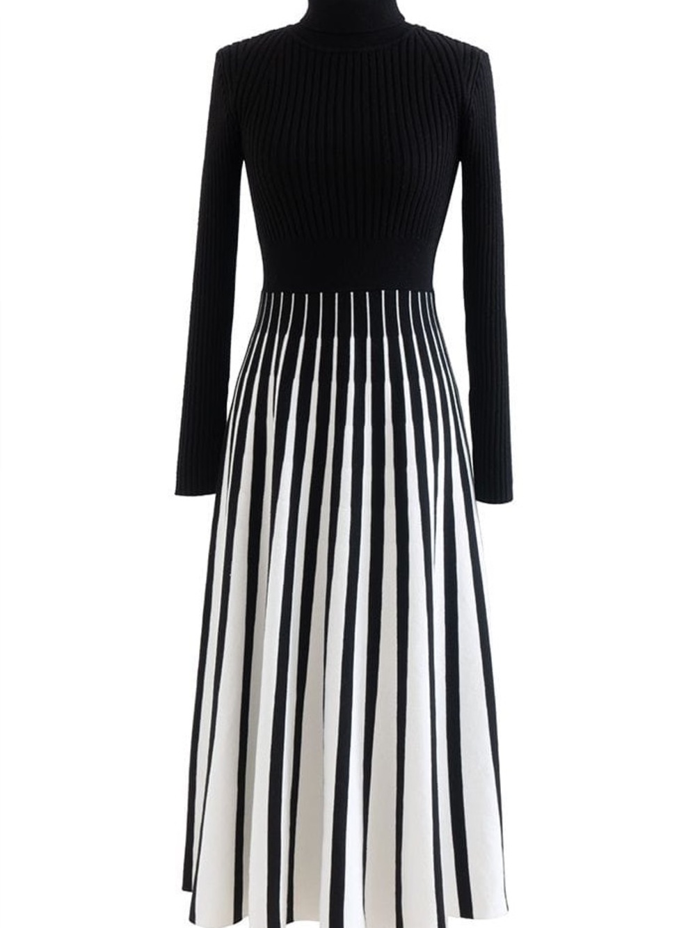 Chicwish Black & White Long Sleeve Ribbed Midi Dress